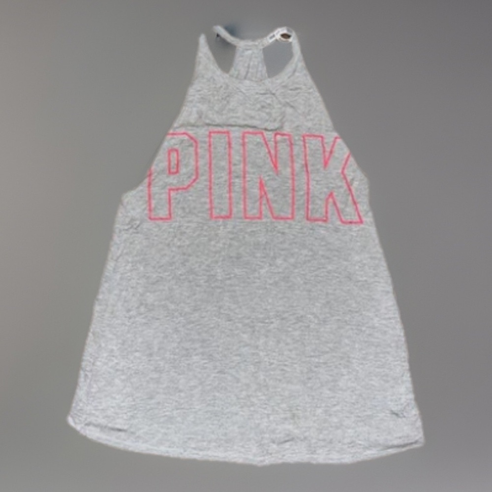 PINK Victoria's Secret Gray Super Soft Fabric Racerback W/Pink Across Tank Top